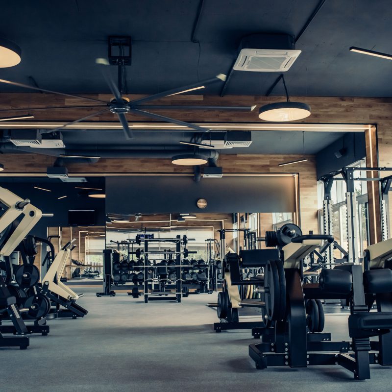 Modern light gym. Sports equipment in gym. Barbells of different weight on rack.